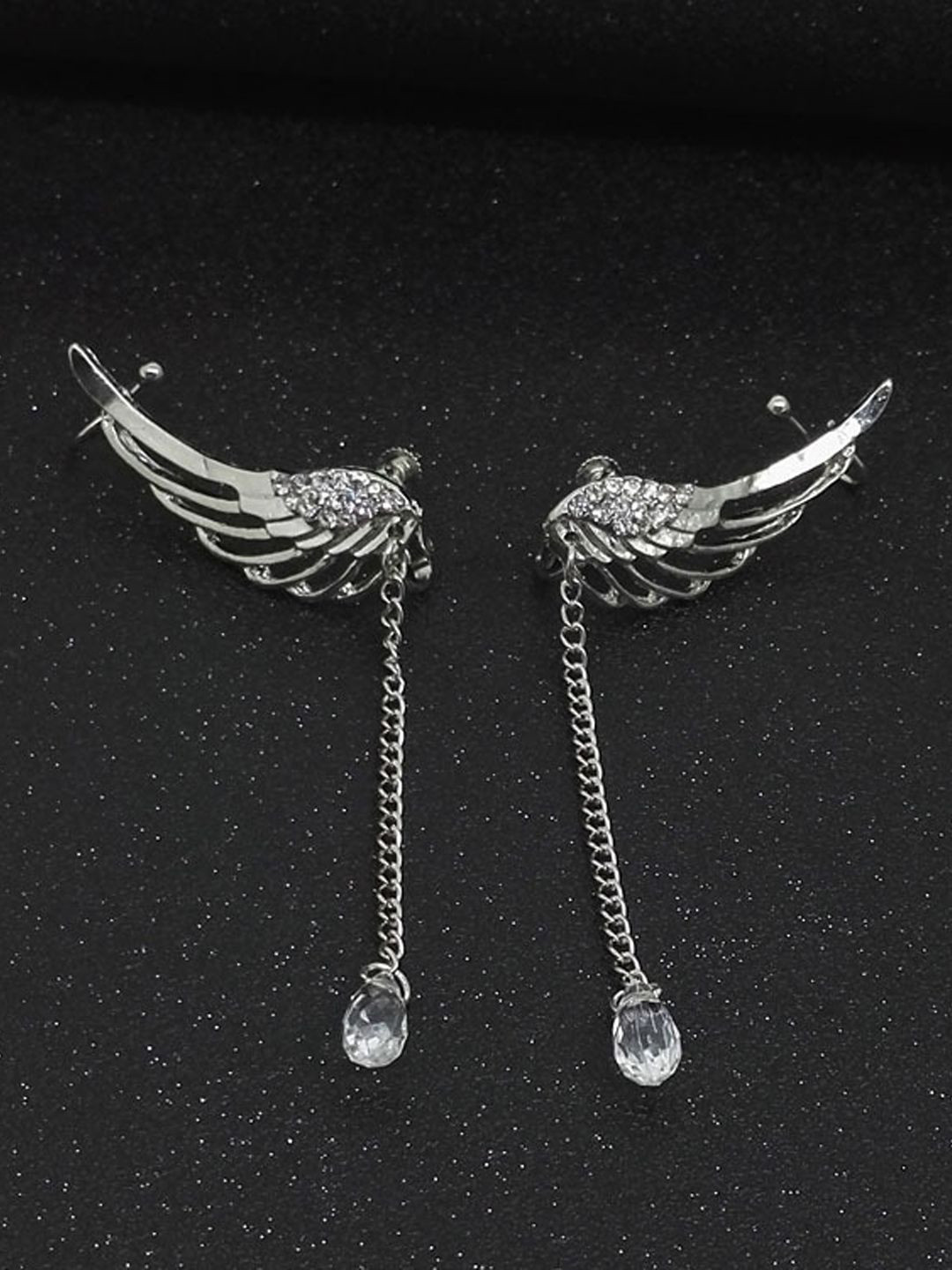 KRENOZ Silver Plated Angel Wings Crystal Studded Drop Earrings