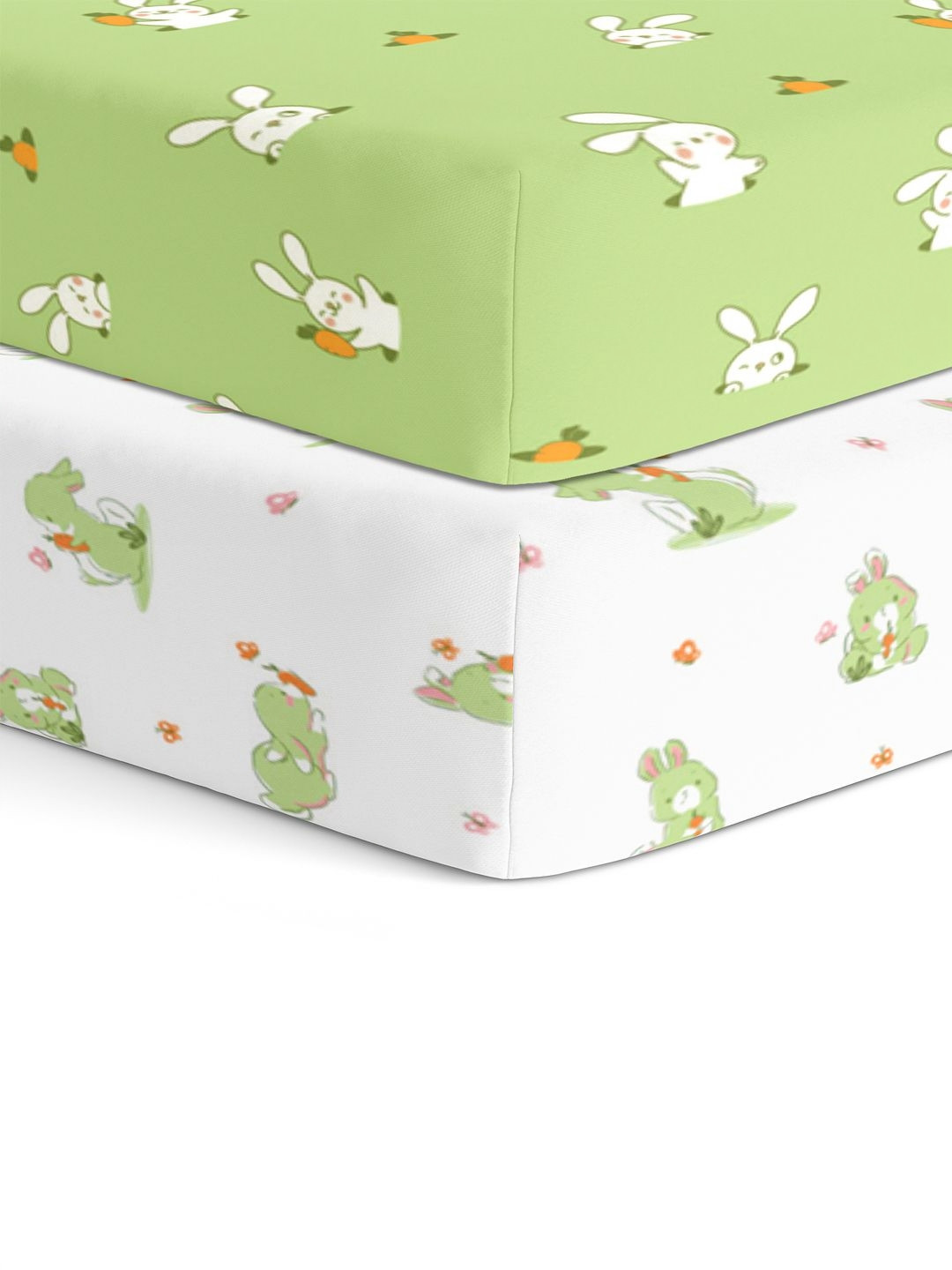 The White Cradle White & Green Cartoon Characters Cotton Fitted 120 TC 2 Crib Sheets