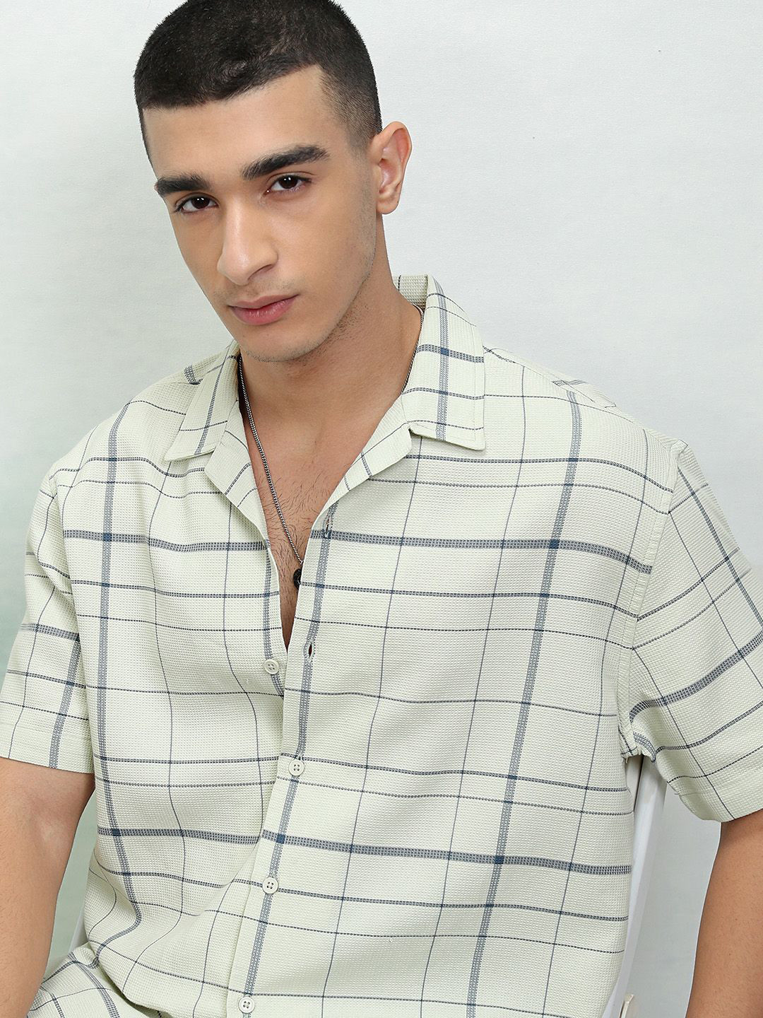 Highlander Men Micro Waffle Dobby Checked Cuban Collar Relaxed Shirt