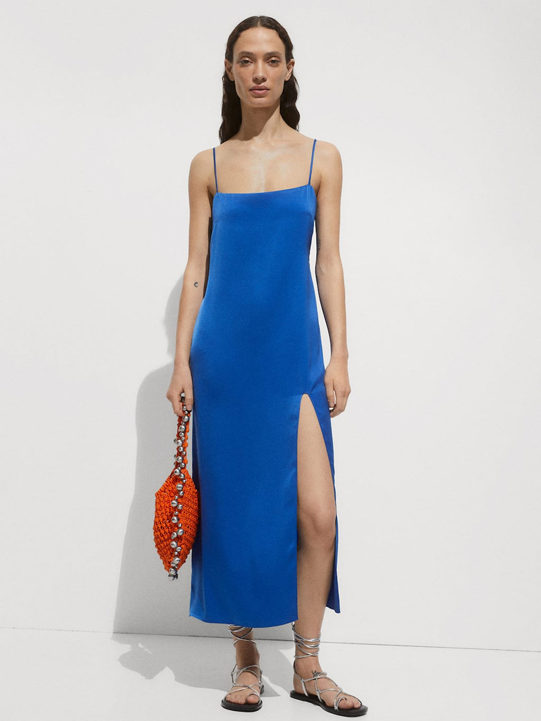 MANGO Satin High Slit Satin Sheath Midi Dress