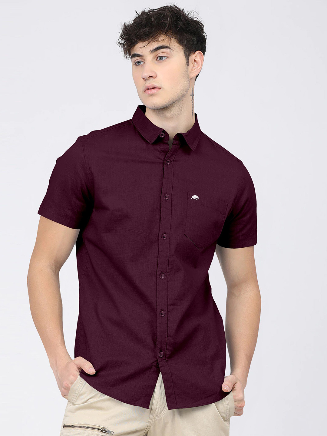 BRUCEWANE Men Standard Spread Collar Solid Cotton Semiformal Shirt