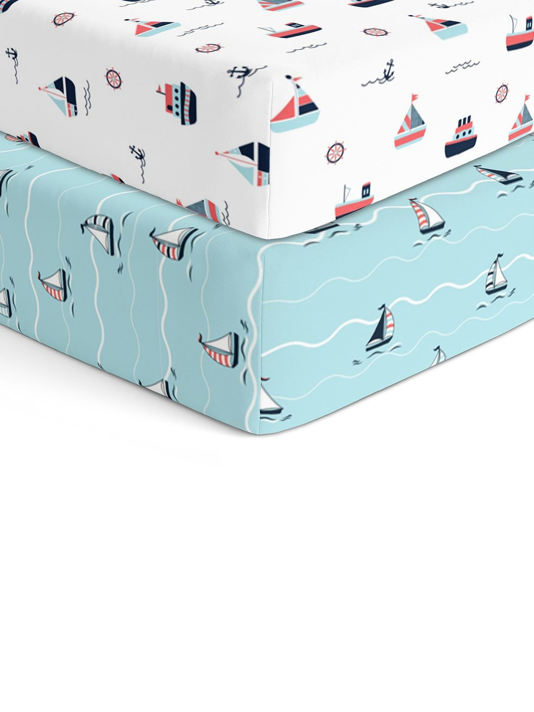 The White Cradle Yacht And Yacht Blotch White Conversational Cotton Skin-Friendly 120 TC Fitted Crib 2 Bedsheet -47 x 24 inches