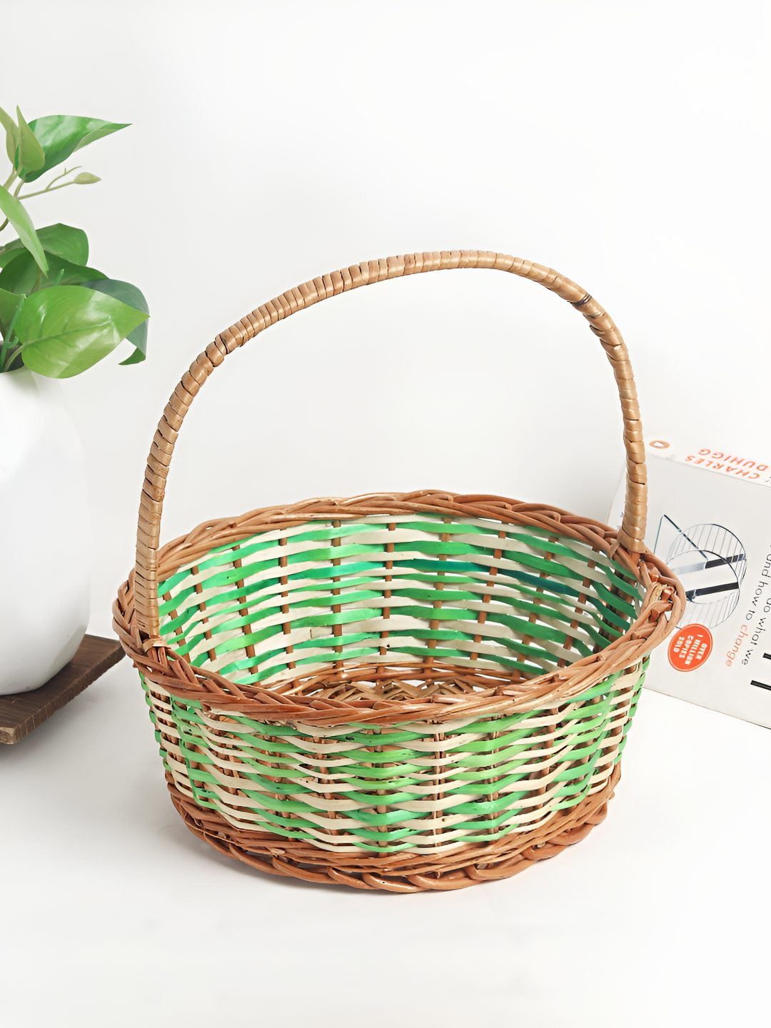HABERE INDIA Green and Brown Straw Textured Fruit Basket