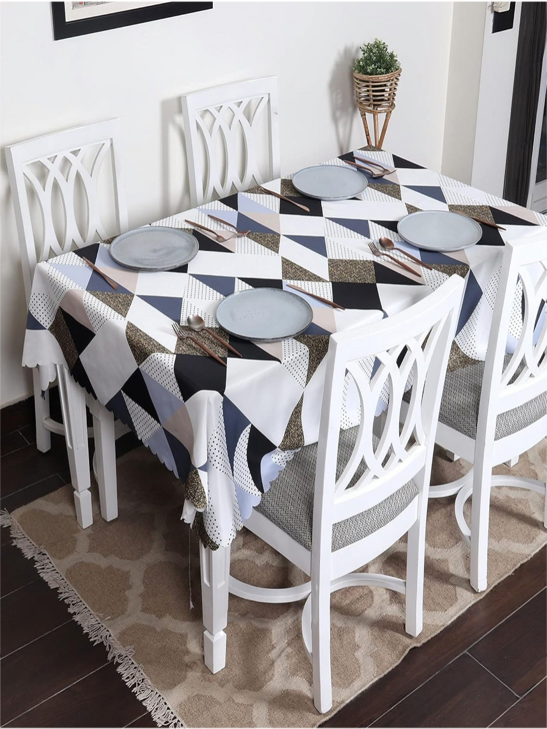 HOUSE OF QUIRK Beige Geometric Waterproof 6-Seater Table Cover