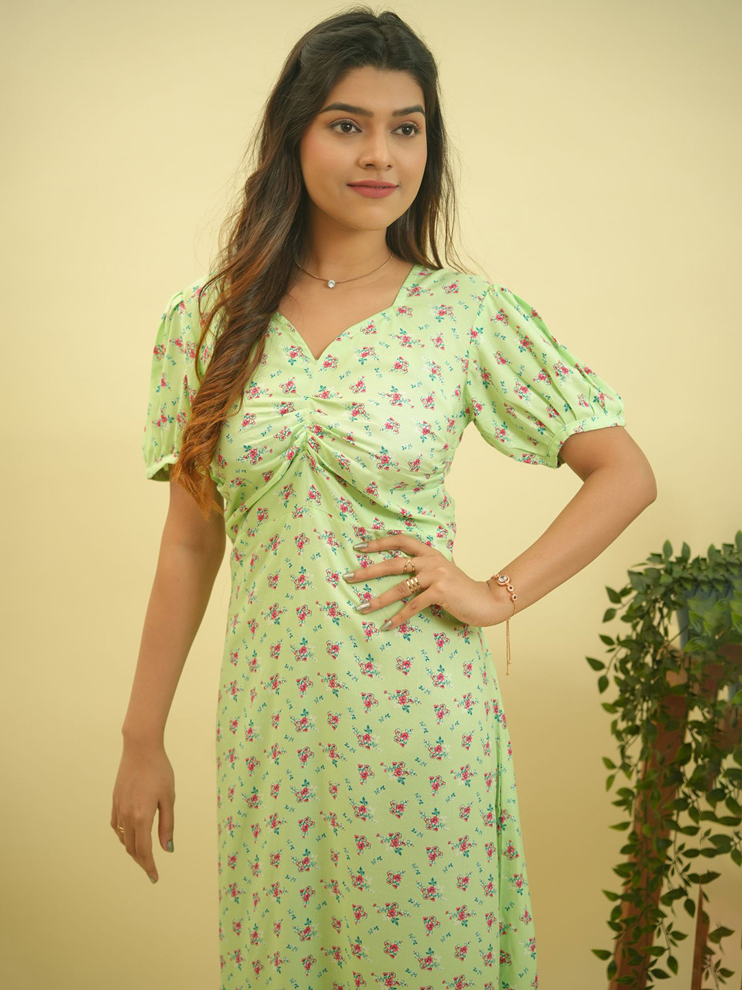 GO BOUJEE Floral Print Sweetheart Neck Bishop Sleeve Fit & Flare Dress