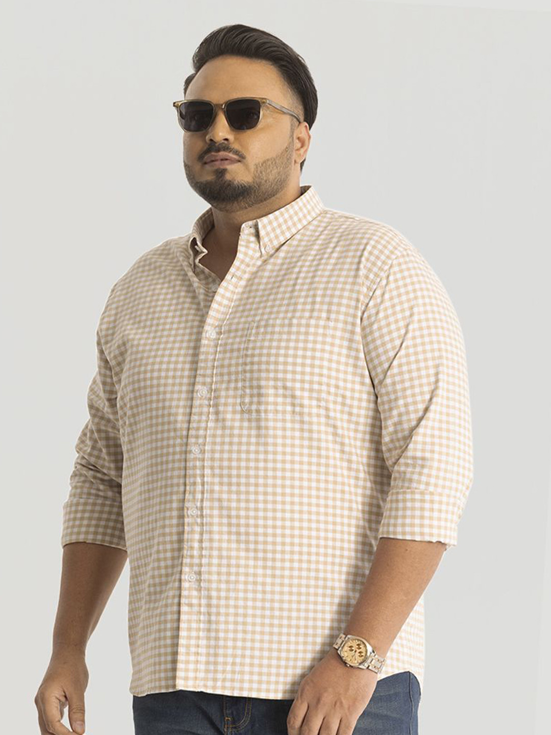 Snitch Men Plus Size Classic Button-Down Collar Micro Checked Cotton Casual Shirt