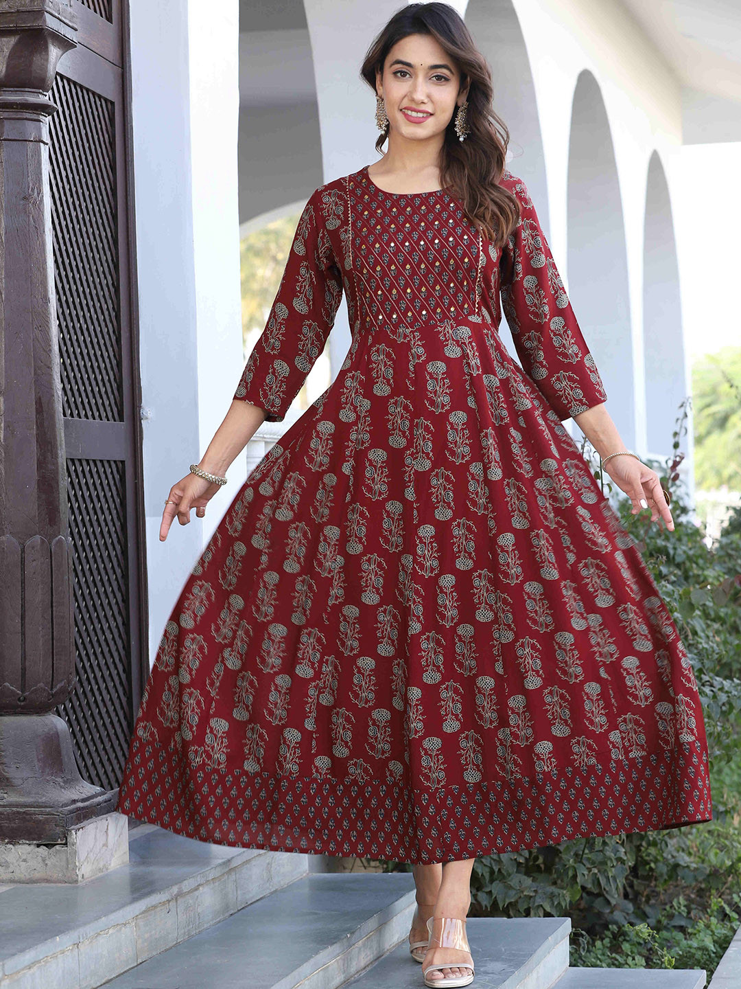 QBO FASHION Floral Printed Midi Fit and Flare Ethnic Dress