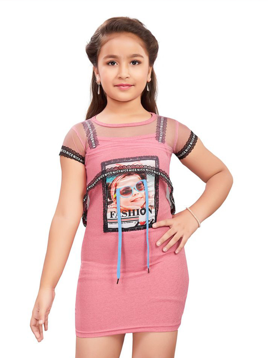 Lei-Chie Girls Graphic Print Applique Bodycon Two Piece Short Dress