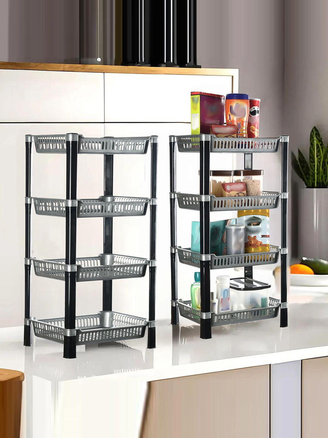 Kuber Industries Silver Toned & Black 2 Pieces Long Lasting 4 Tier Kitchen Organisers