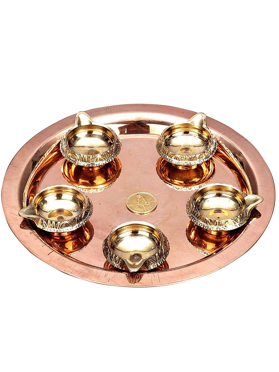 Exotic India Gold Toned 5 Pieces Textured Diya & Round Plate & Sai Baba Coin