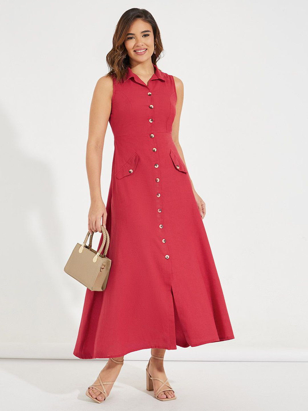 Styli Sleeveless Shirt Maxi Length Dress With Princess Panel Seam