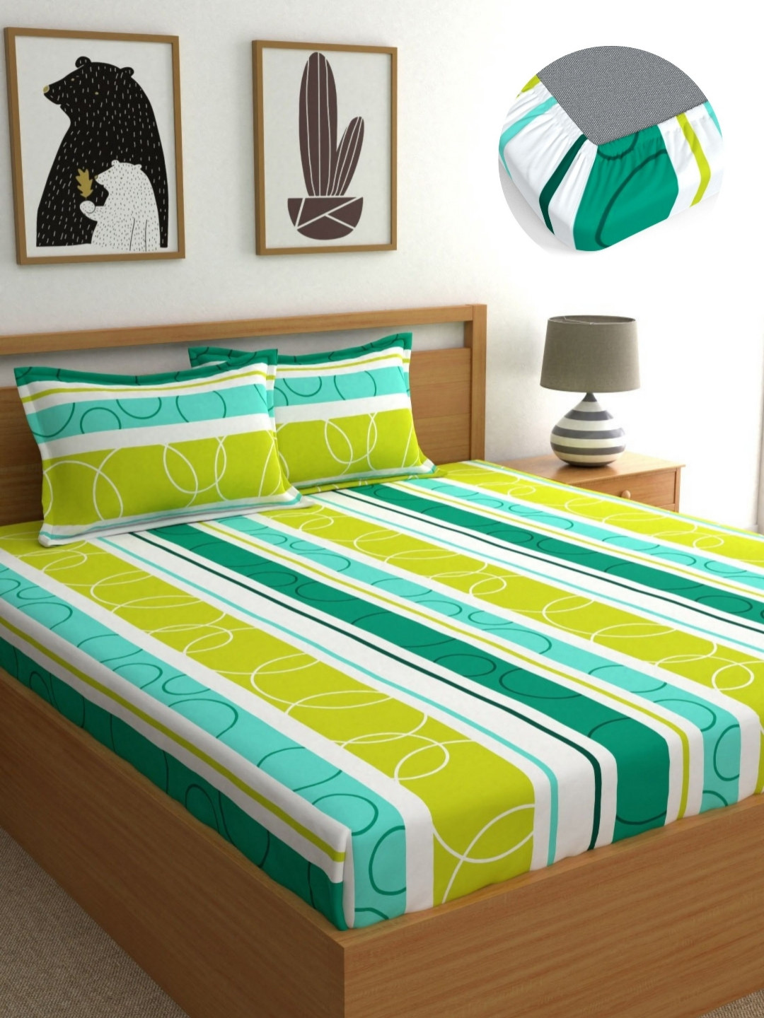 Dreamscape Green Geometric Microfiber Breathable 144 TC Fitted King Bedsheet with 2 Pillow Covers-72 x 78 inches