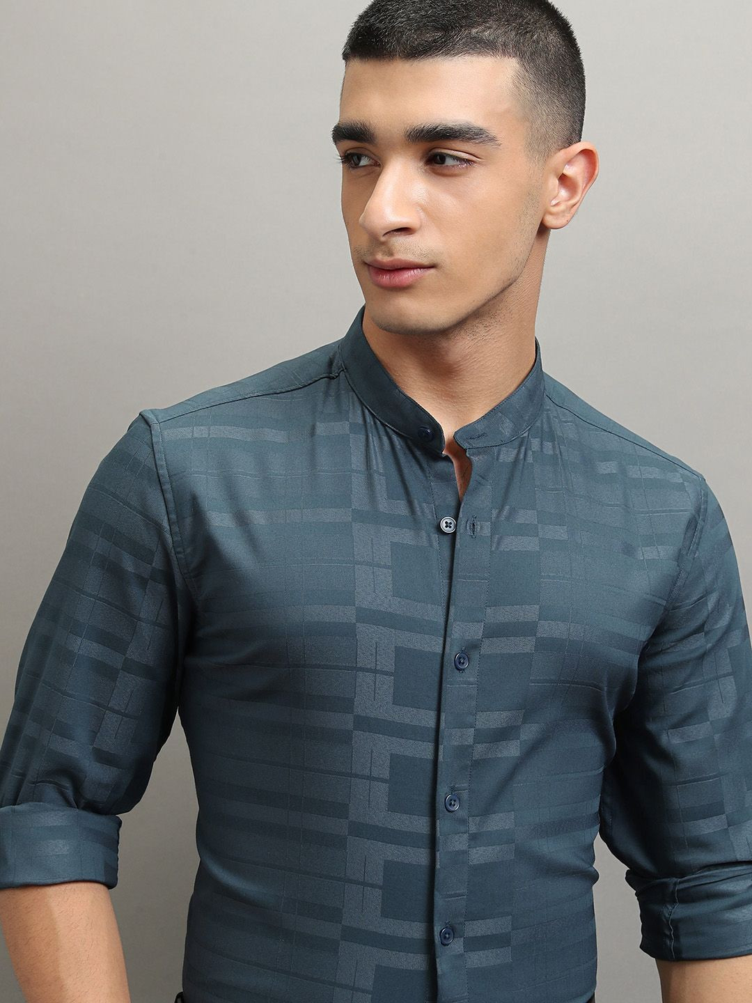Highlander Men Dobby Textured Solid Mandarin Collar Multi Occasion Shirt