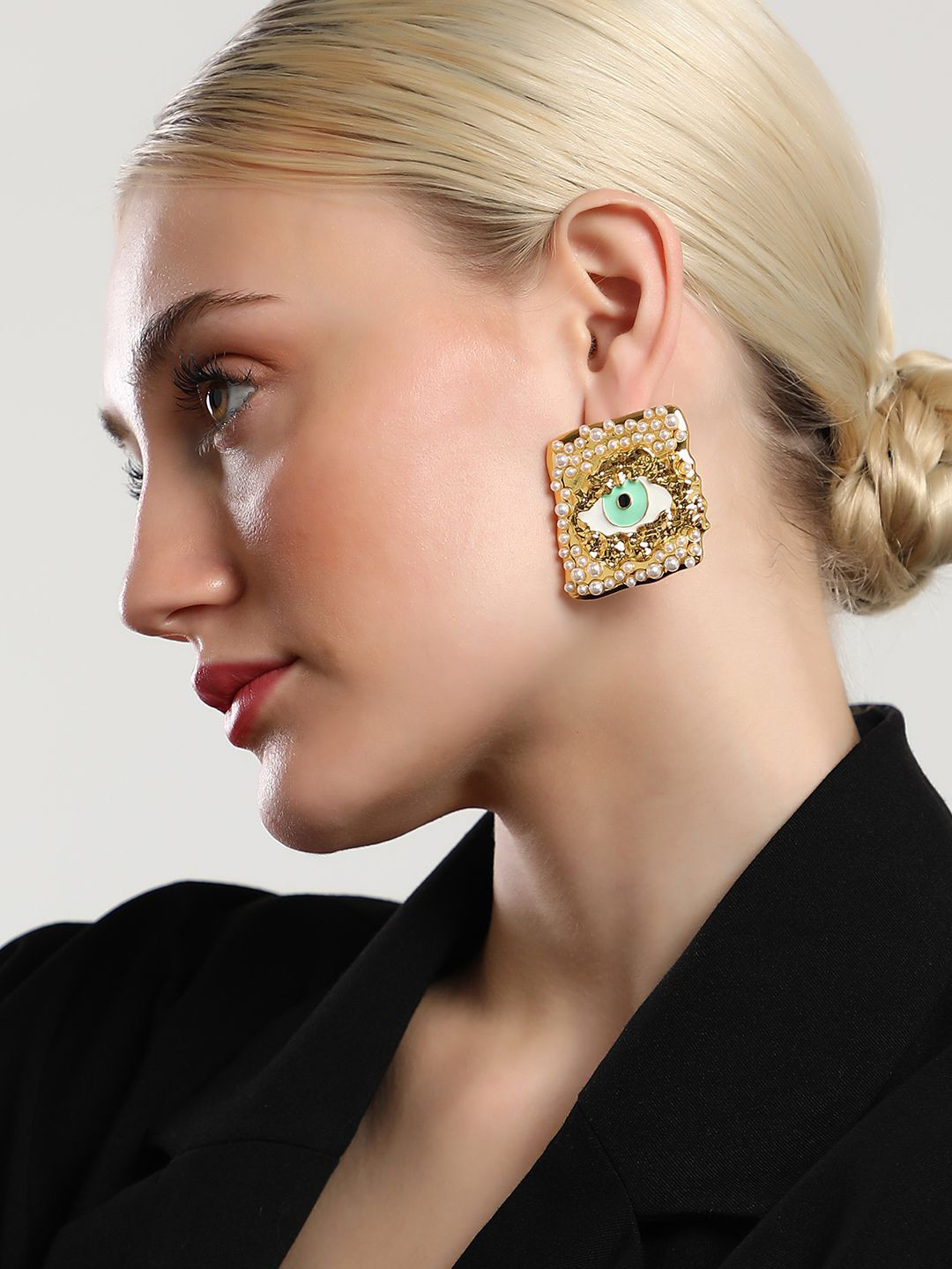 SOHI The Dented Evil Eye Gold-Plated Pearls Beaded Square Studs