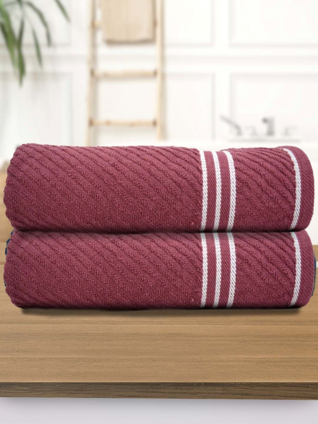 Aura Maroon & White 2 Pieces Cotton 400 GSM Bath Towel