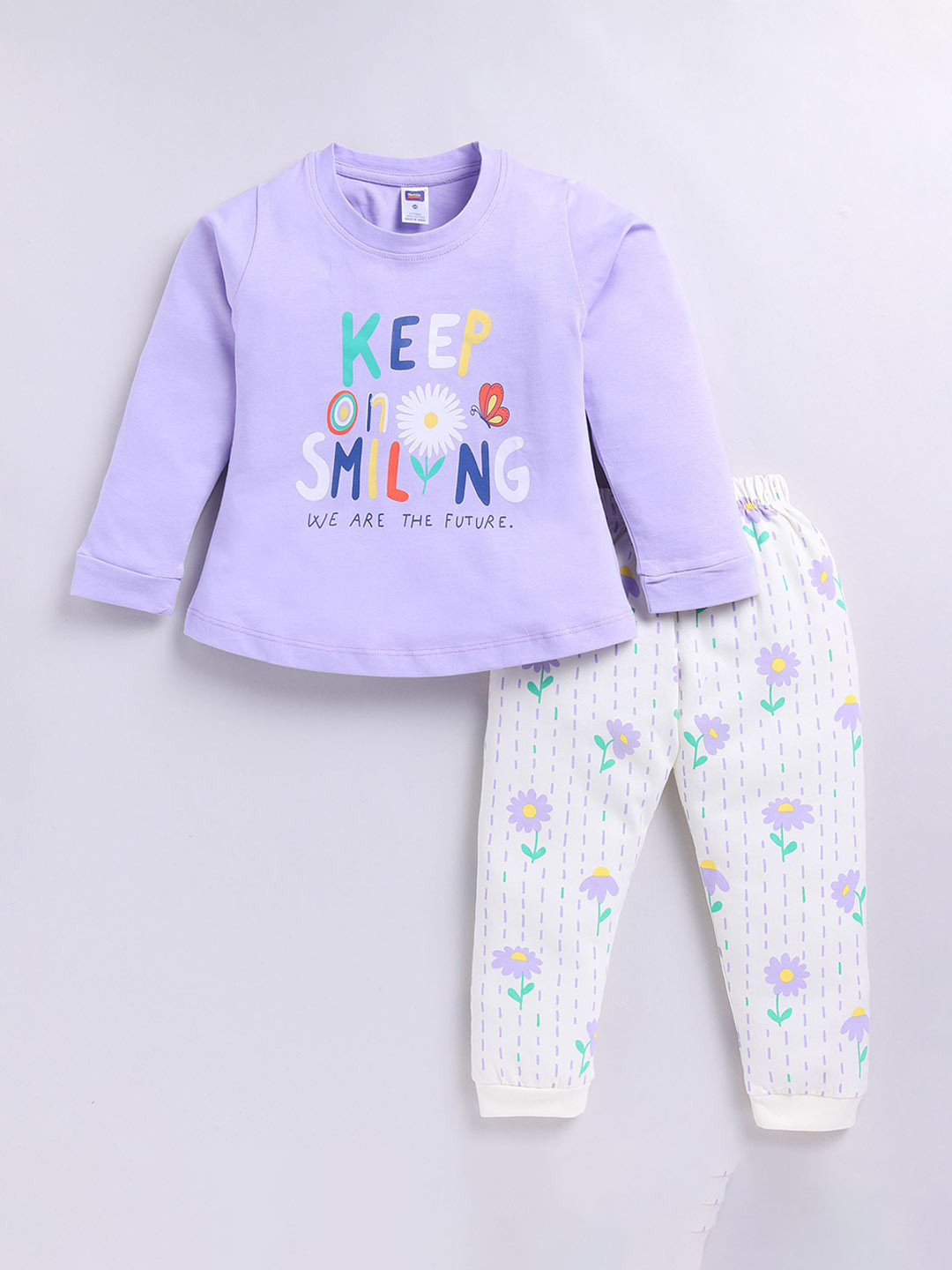 Nottie Planet Girls Flower Printed Pure Cotton T-shirt with Joggers