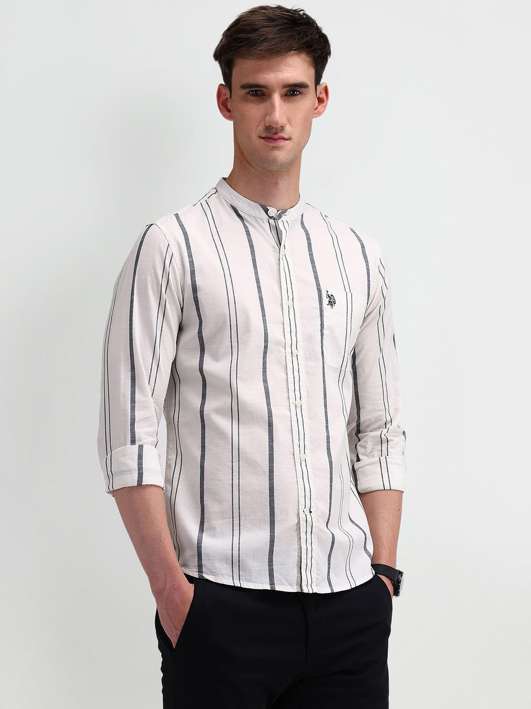 U.S. Polo Assn. Men Modern Band Collar Striped Cotton Slim Fit Casual Shirt