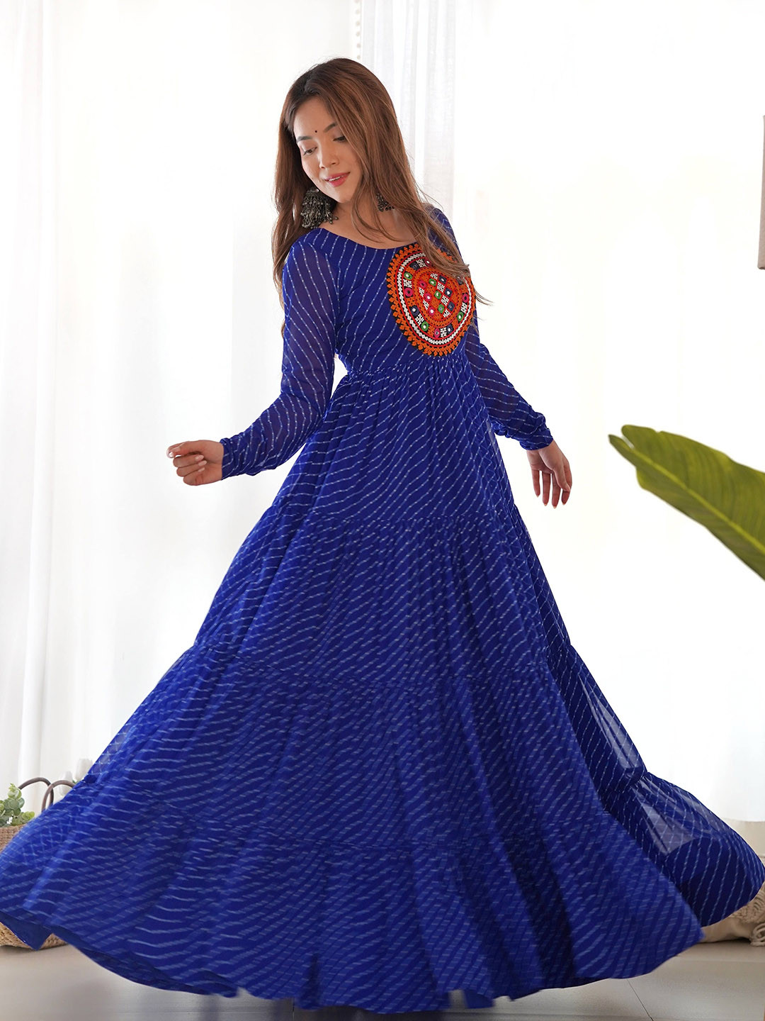 LABELKBBRAND Lehariya Printed Thread Work Tiered Georgette Fit and Flare Maxi Ethnic Dress