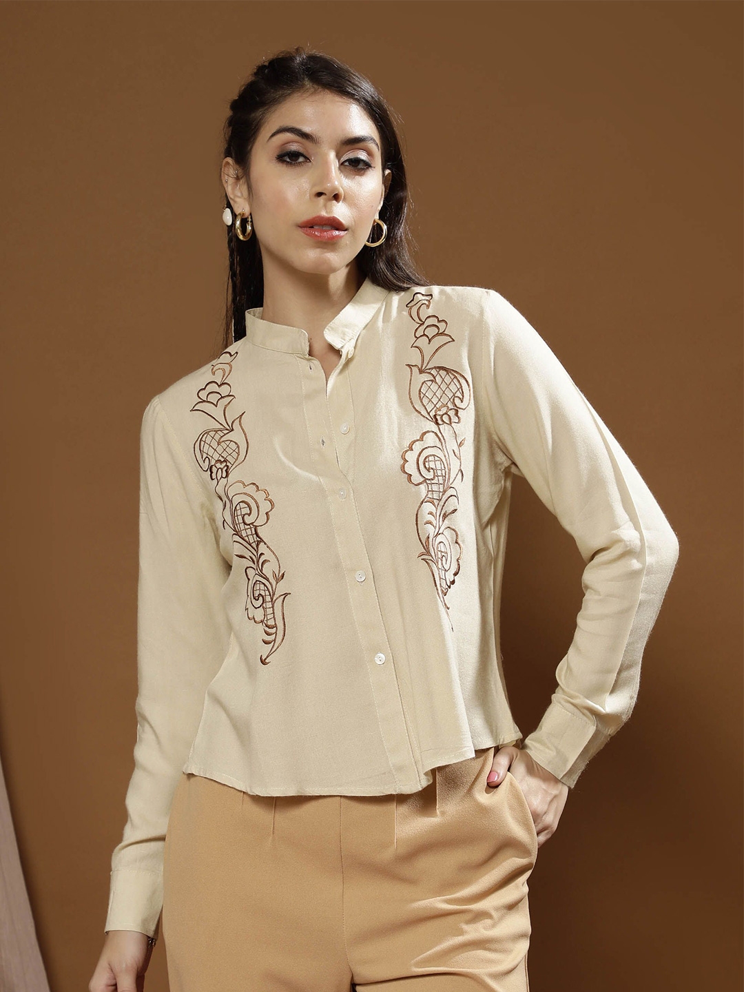 Boho By Athena Embroidered Mandarin Collar Cotton Top