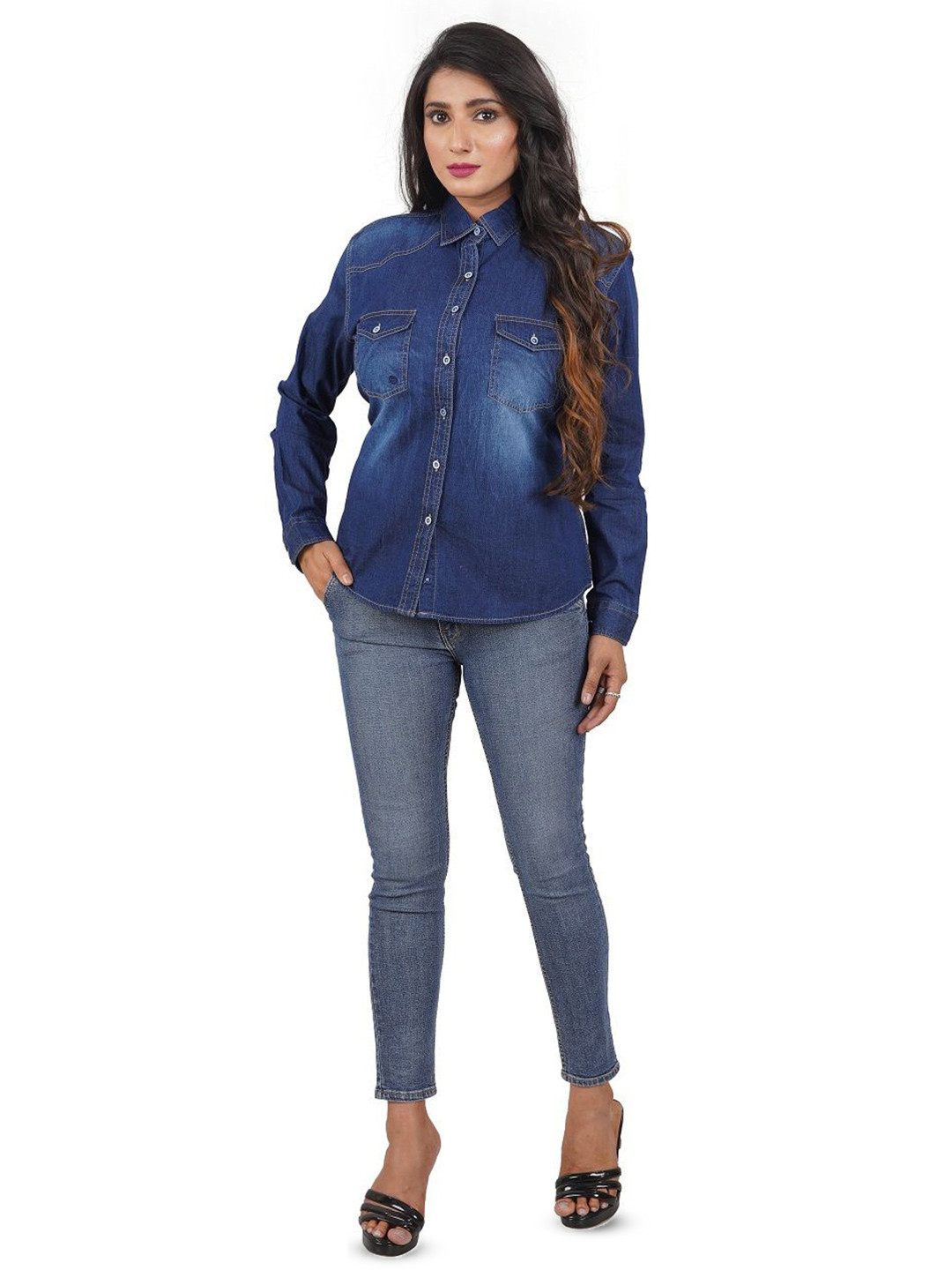 FABFARM Women Relaxed Spread Collar Solid Denim Relaxed Fit Casual Shirt