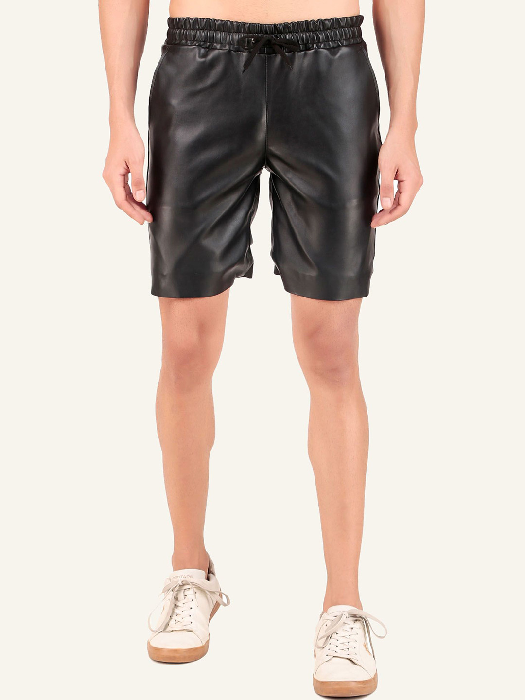 Leather Retail Men Polyester PU Coated Mid-Rise Shorts