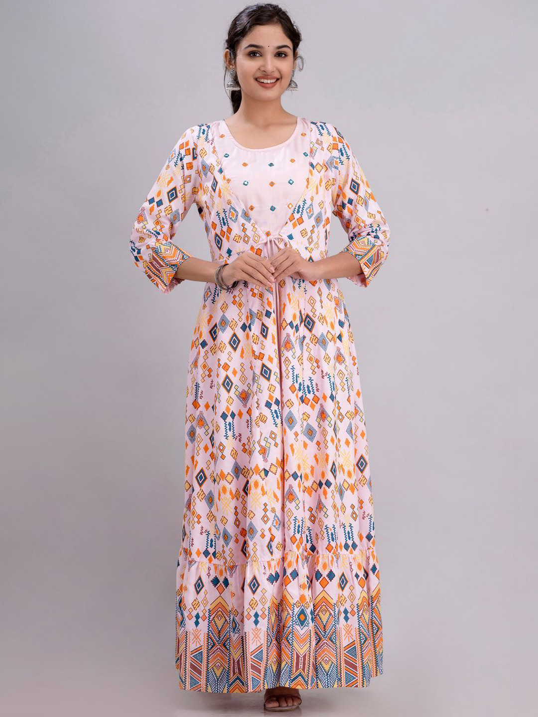 Jaipurite Geometric Embroidered A-Line Ethnic Dresses