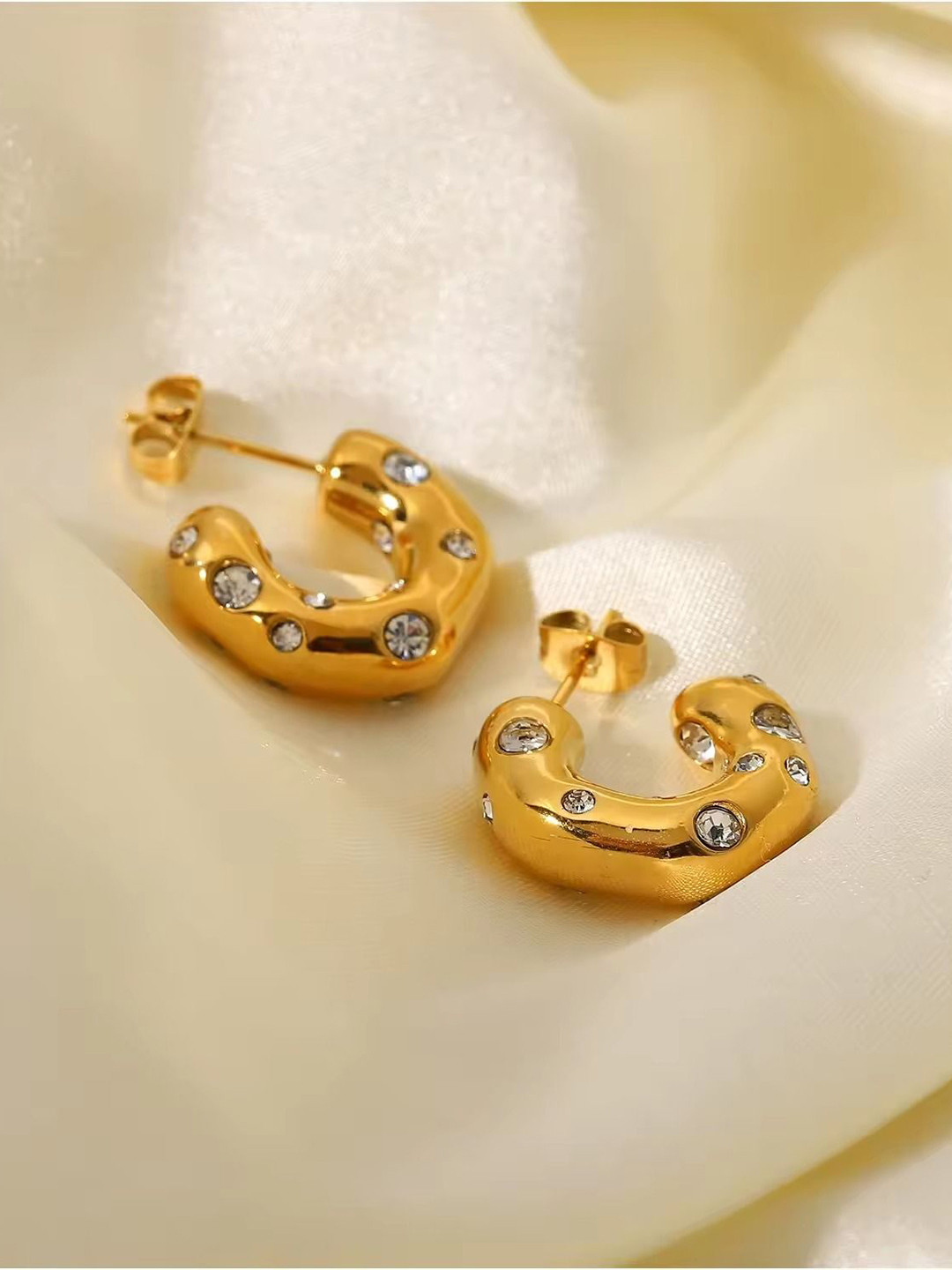 MEENAZ Gold-Plated Stainless Steel Circular Chunky Stone Studded Earrings