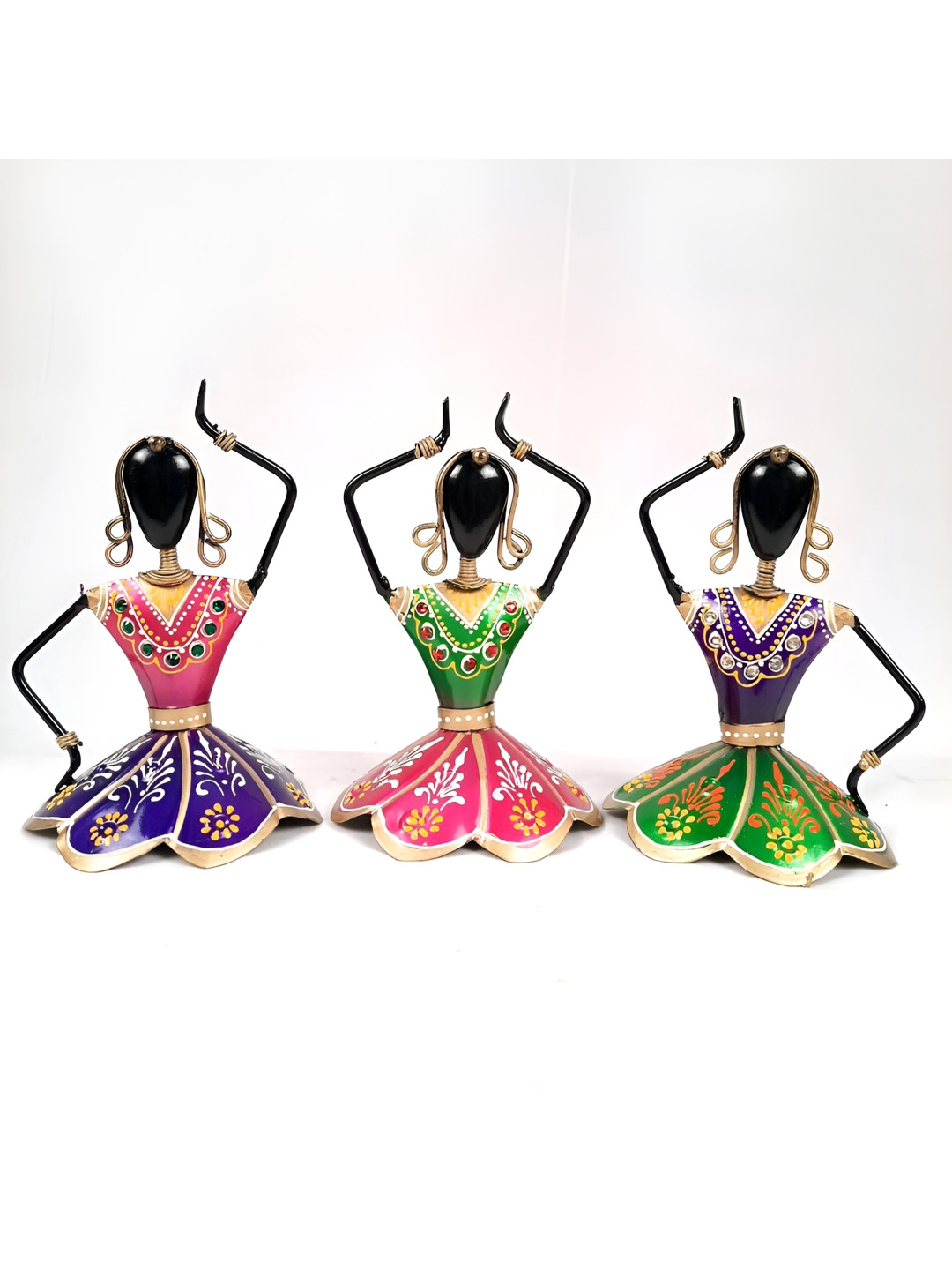 apka mart Dancing Girl Green Metal Metallic Living Room Set of 3 Large Showpieces - 14.2 Inches