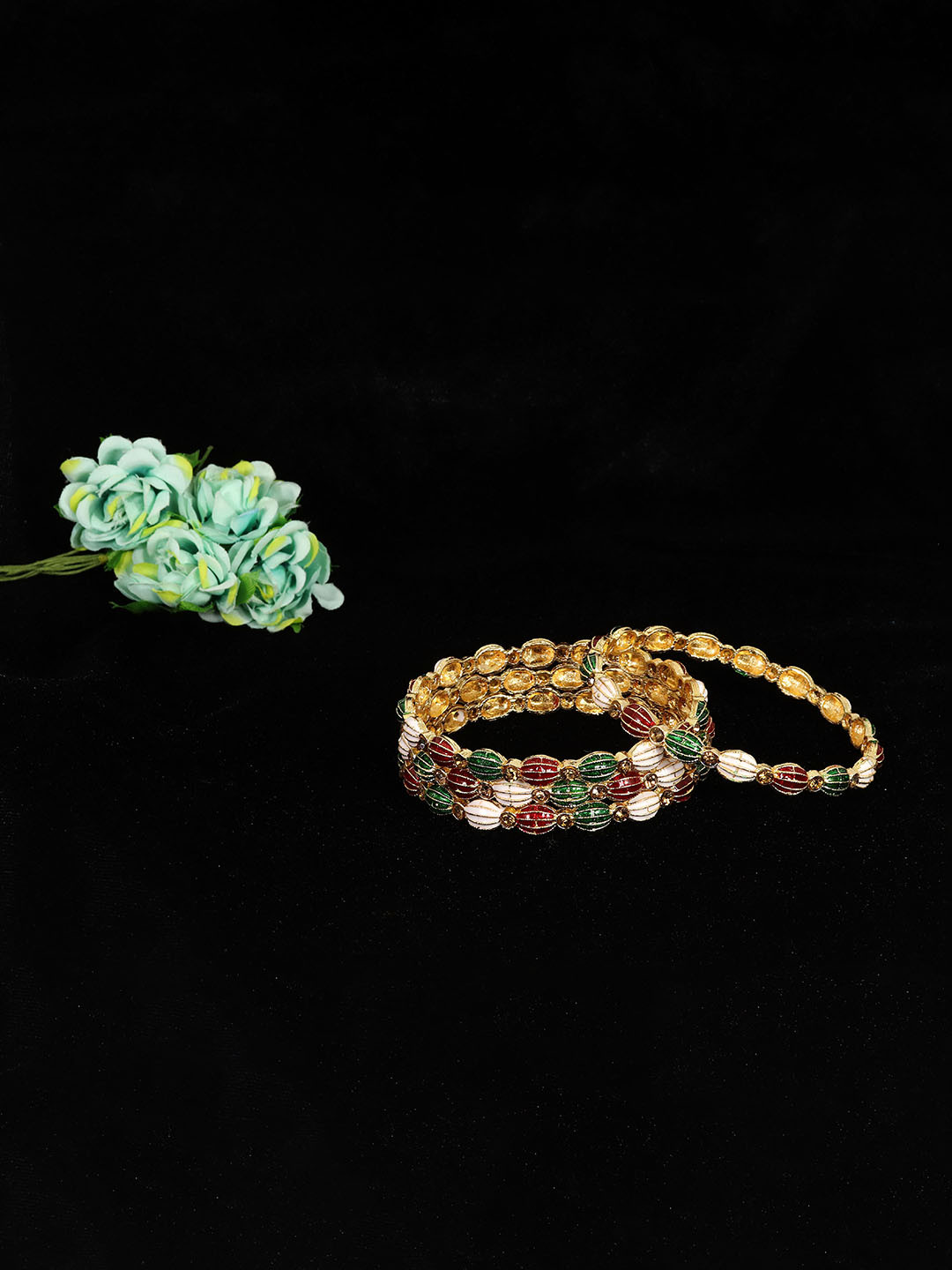 ZULKA Set Of 4 Gold-Plated Zircon Stone Studded & Beaded Bangles