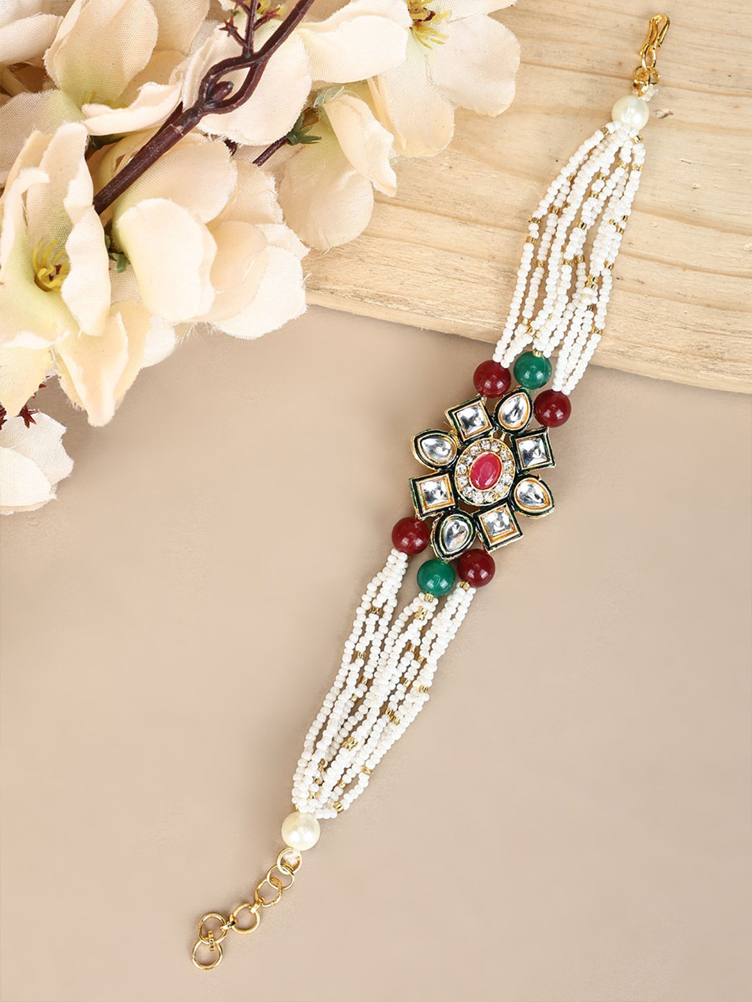 Anouk White Gold Plated Kundan and Pearls Wraparound Bracelet