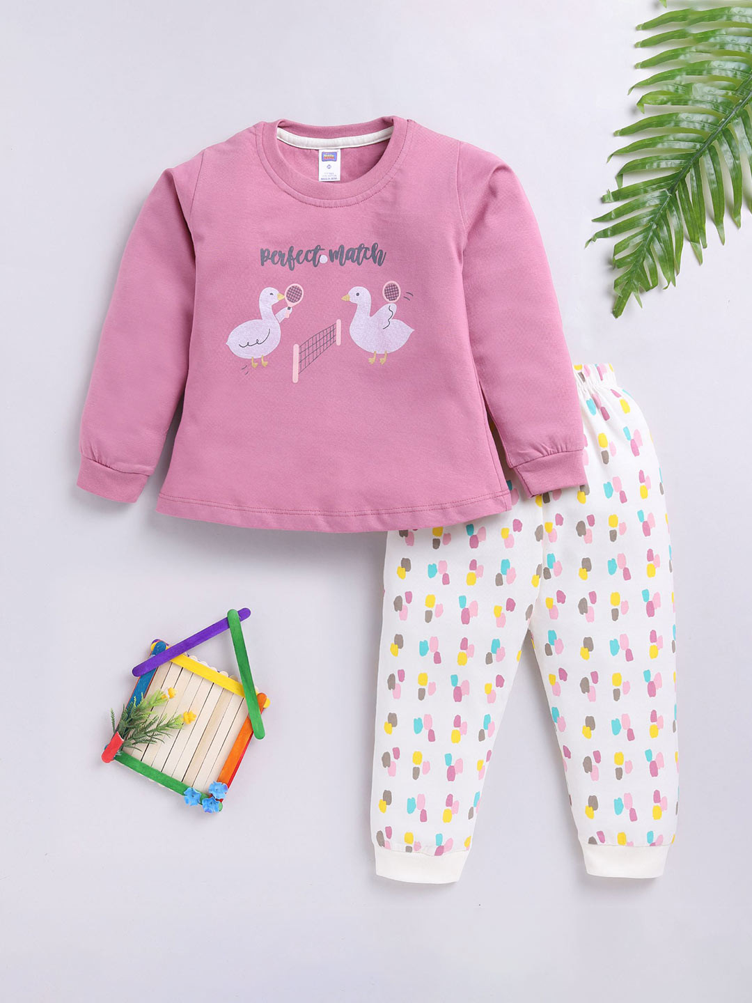 Nottie Planet Girls Bird Printed Pure Cotton T-shirt with Joggers