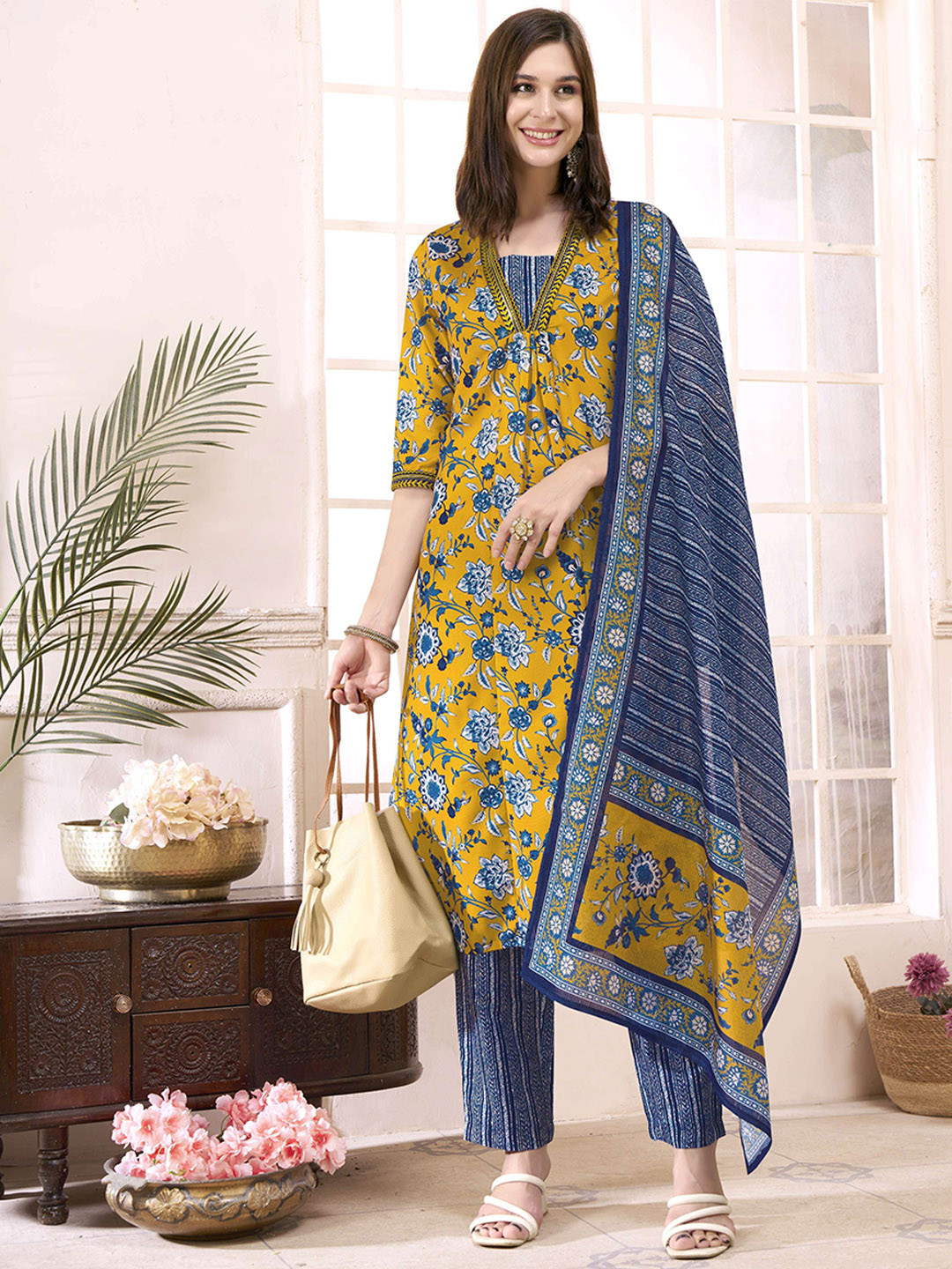 Anouk Rustic Mustard Yellow Floral Printed Square Neck Straight Kurta with Trousers & Dupatta