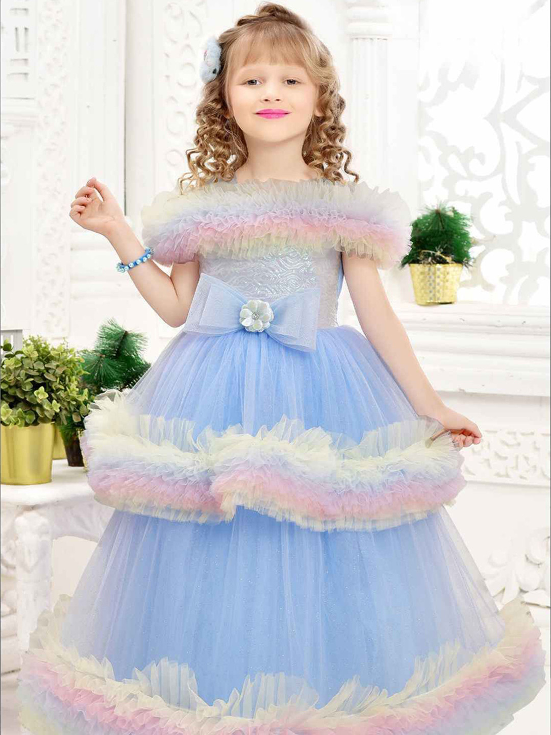 Lagorii Girls Net Off-Shoulder Fit & Flare Maxi Dress