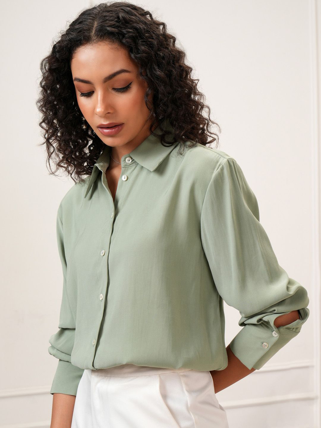 Tokyo Talkies Women Mint Solid Relaxed Fit Formal Shirt