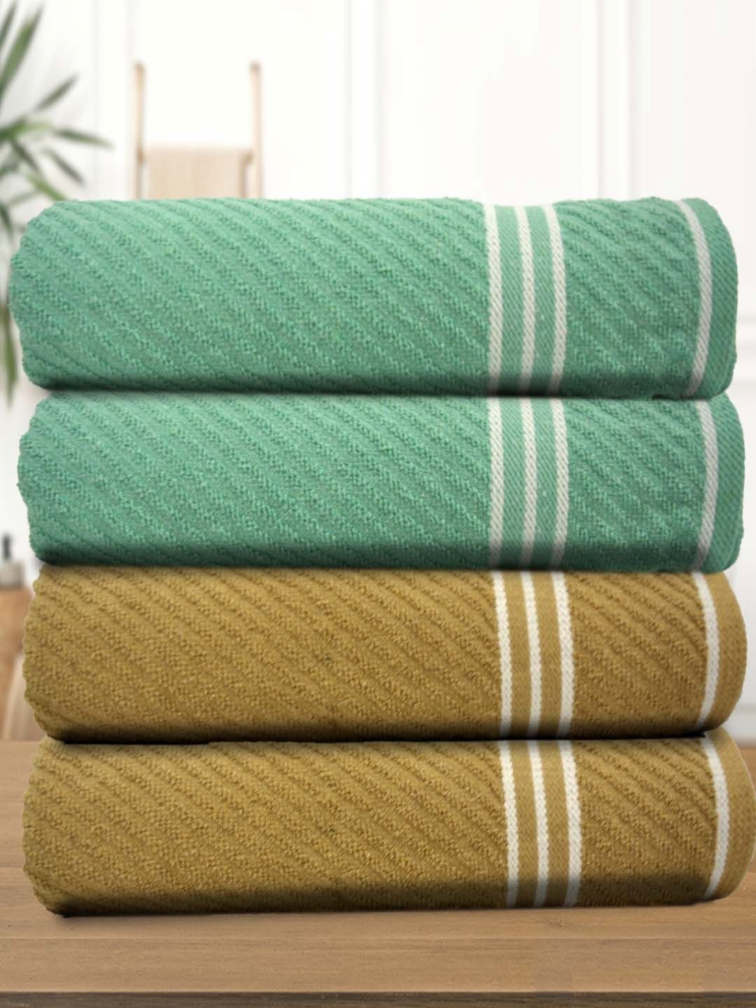 Aura Green & Beige 4  Pcs Cotton 400 GSM Bath Towel