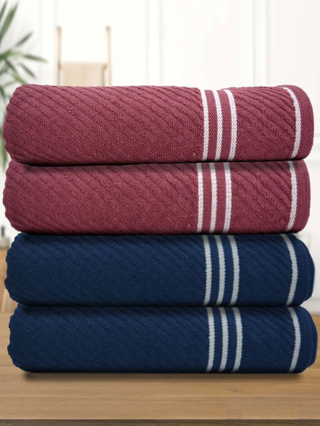 Aura Burgundy & Navy Blue 4 Pieces Cotton 400 GSM Bath Towel