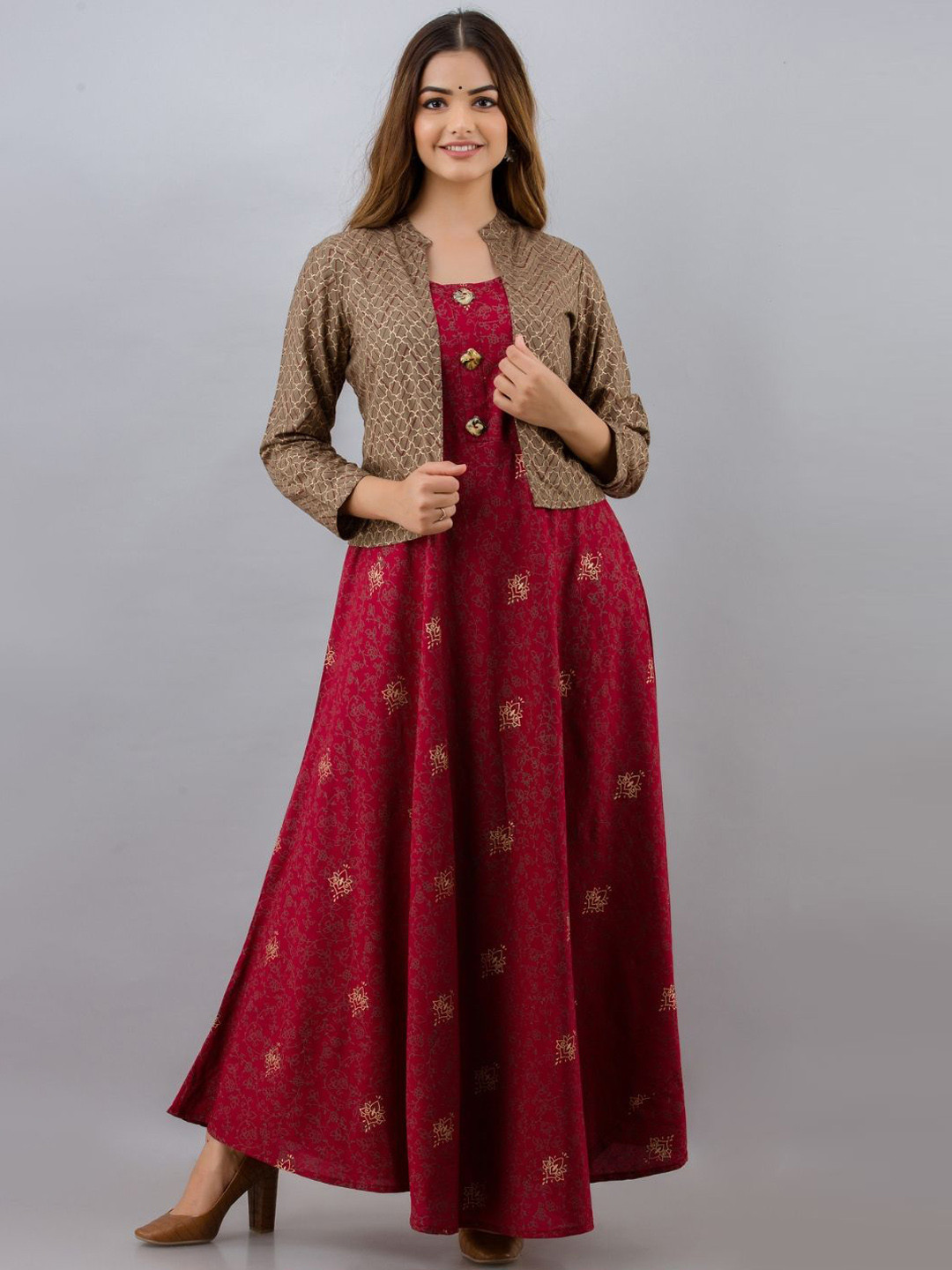 Jaipurite Ethnic Motifs Printed Sleeveless Anarkali Kurta With Jacket