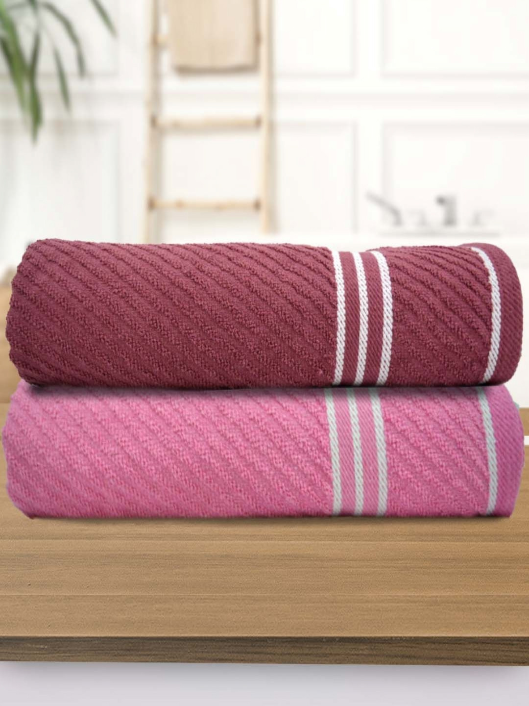 Aura 2 Pieces Burgundy & Pink Textured Cotton Water Absorbent Bath Towels 400 GSM