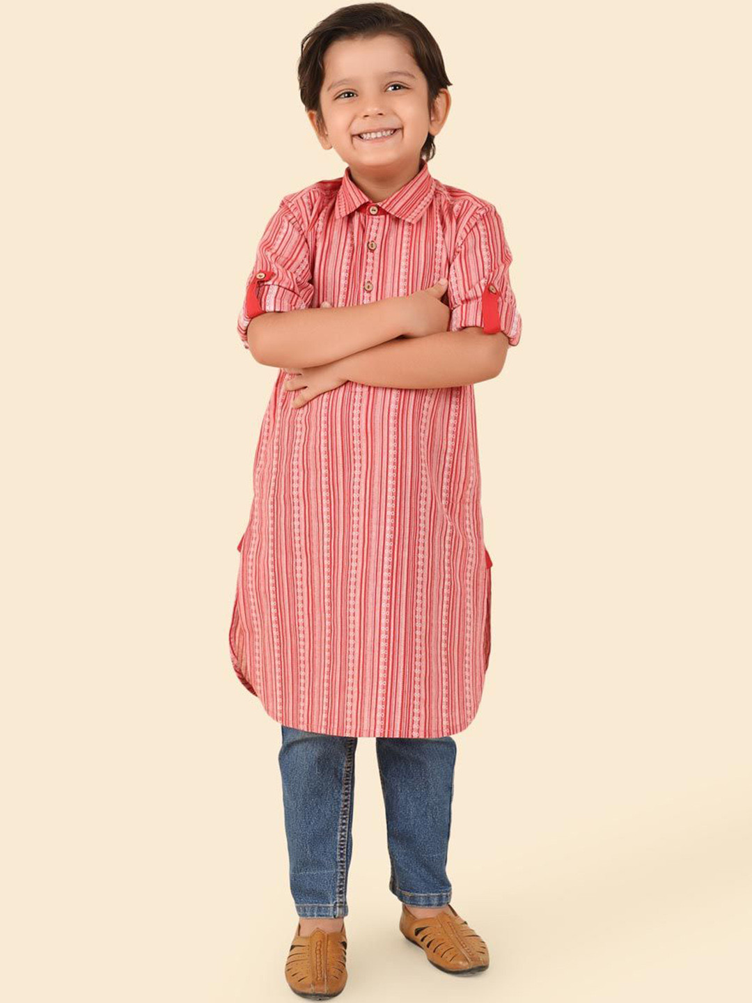 Fabindia Boys Striped Roll-Up Sleeves Cotton Pathani Kurta