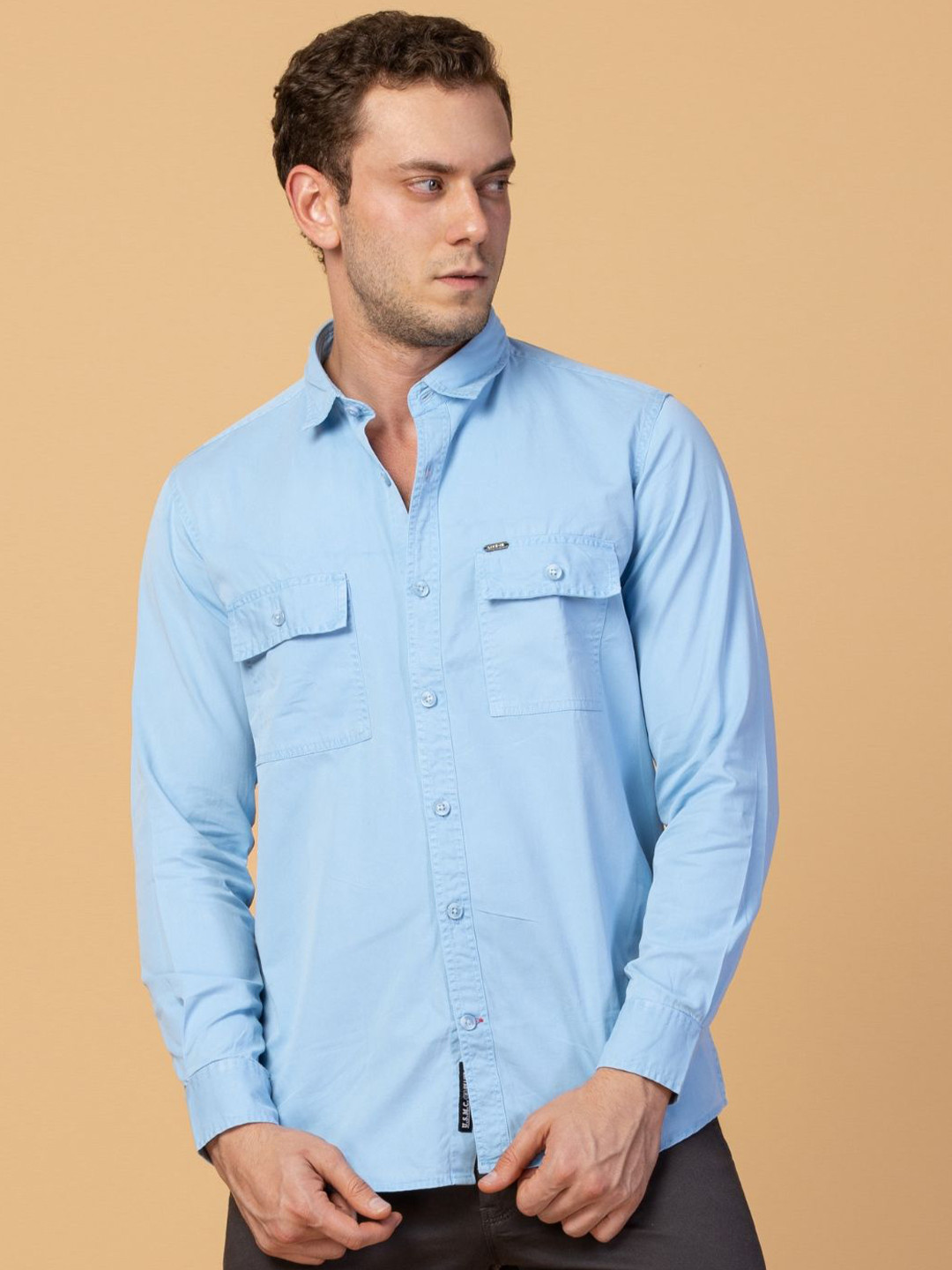 USMC Men Smart Spread Collar Solid Cotton Slim Fit Casual Shirt
