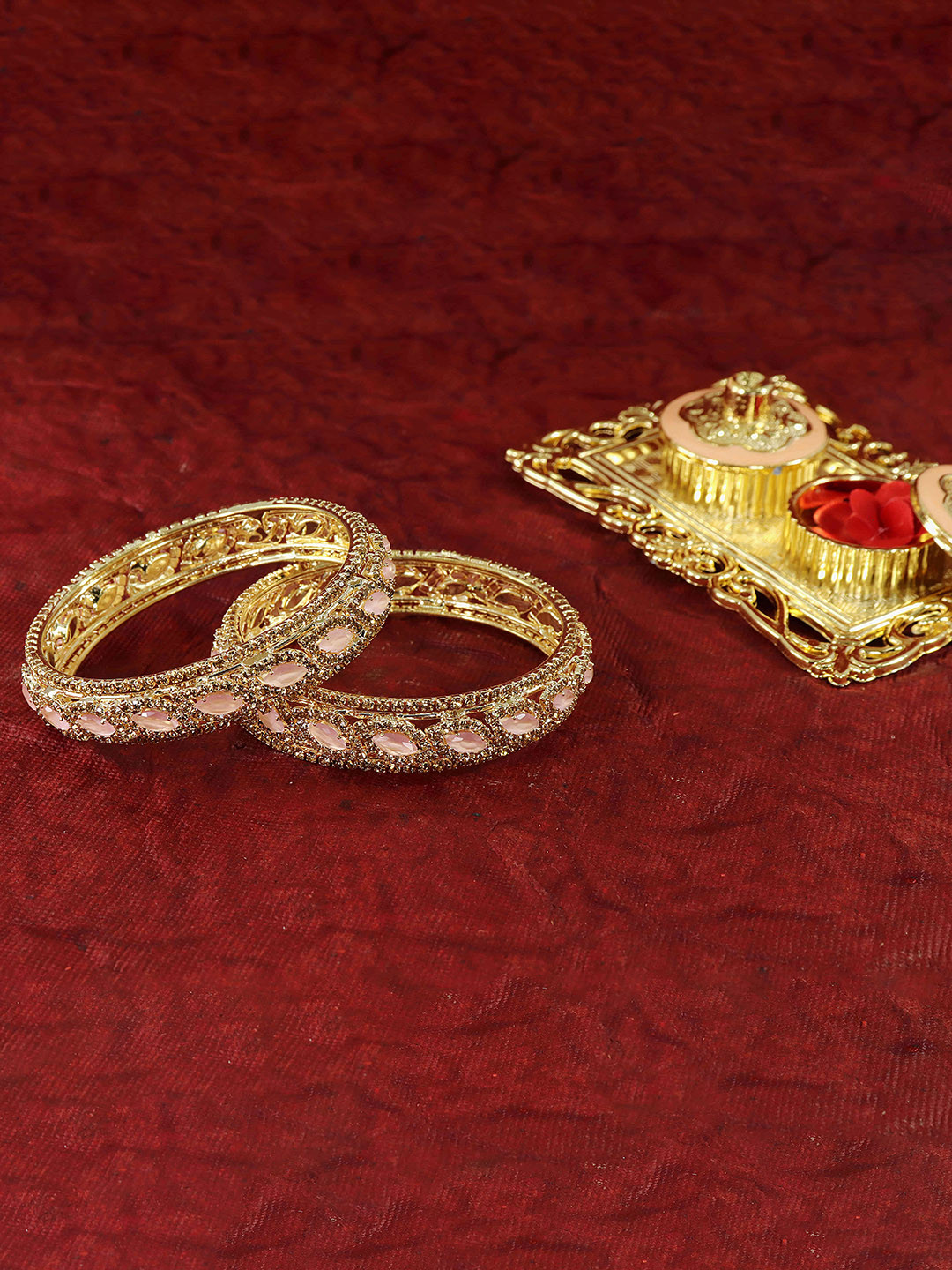 LAVAZZA Set of 2 Leaf Cut American Diamond & Cubic Zirconia Studded Bangles