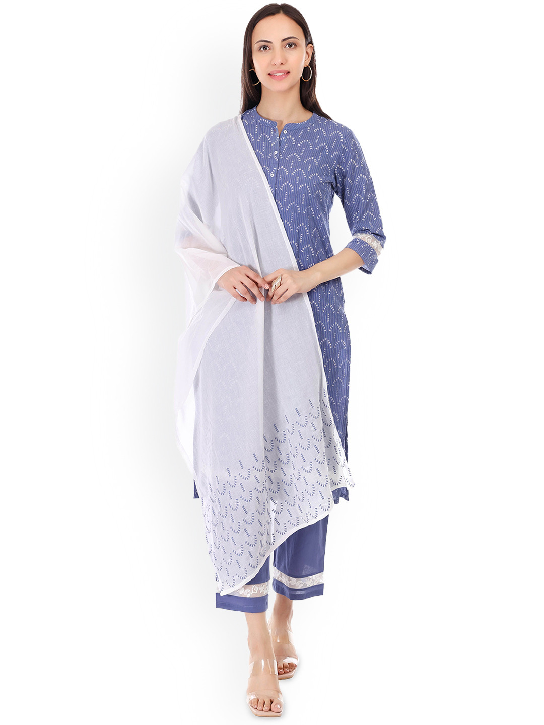 GRIVA Geometric Printed Band Collar Pure Cotton Straight Kurta With Trousers & Dupatta