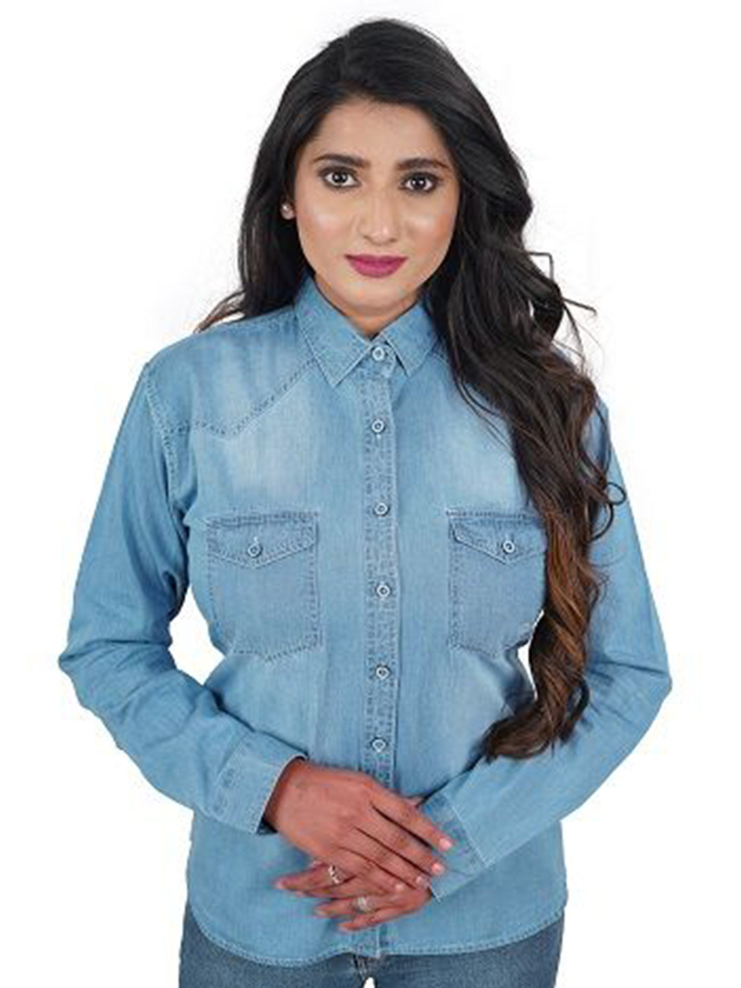 FABFARM Women Relaxed Spread Collar Solid Denim Relaxed Fit Casual Shirt