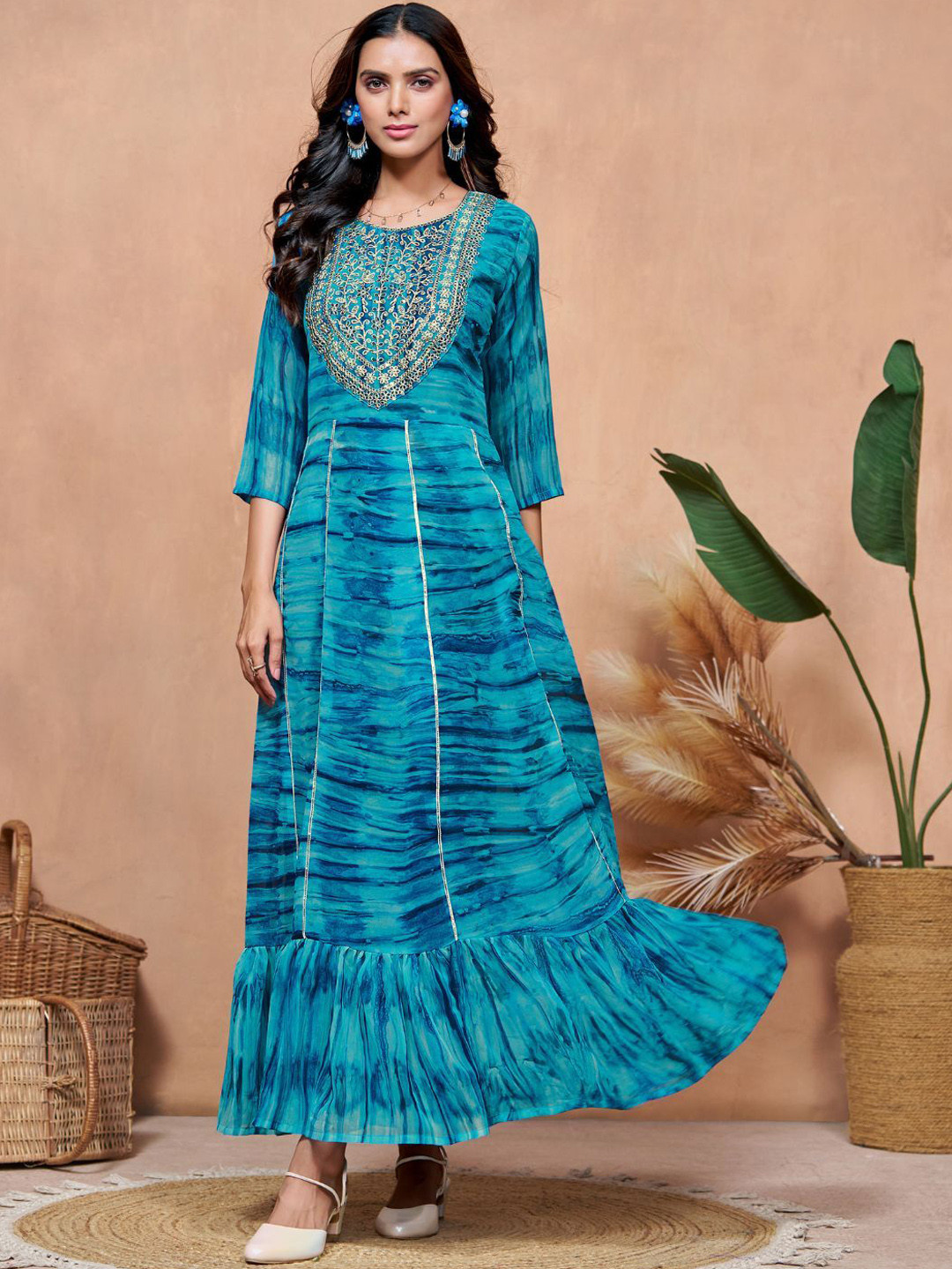 KALINI Ombre Printed Round Neck Zari Georgette Flared Anarkali Kurta
