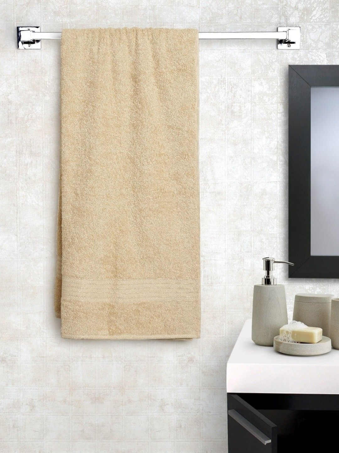 BOMBAY DYEING 100% Cotton Beige Solid 450GSM Super Soft Adult Regular Bath Towel-24x47In