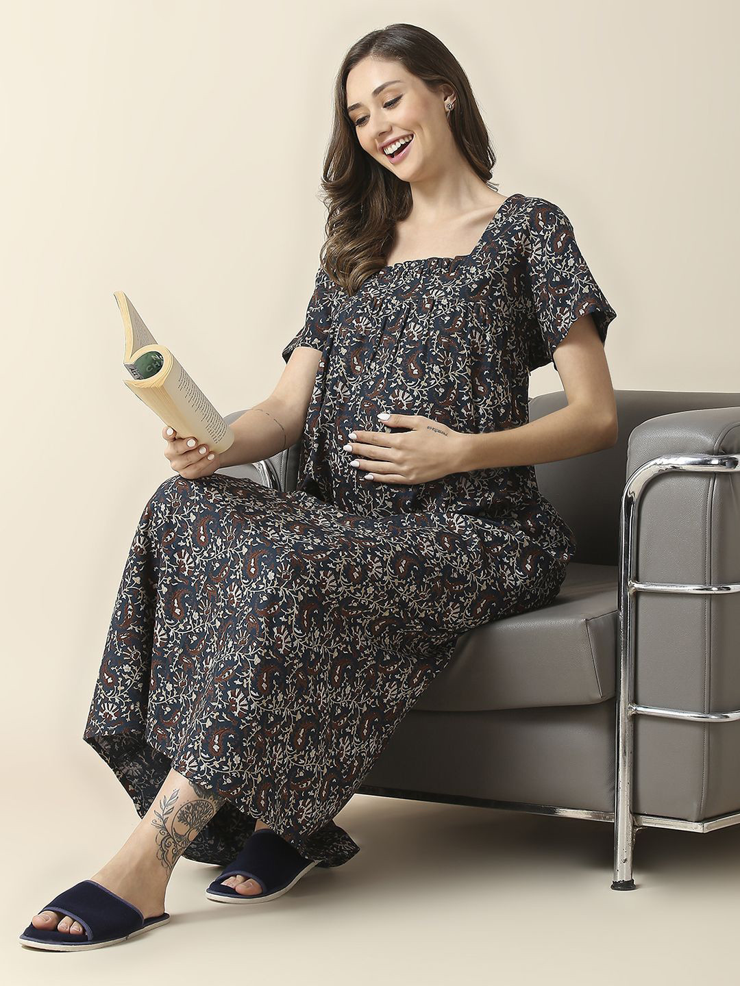 MomToBe Women Teal Floral Printed Maxi Cotton Nightdress