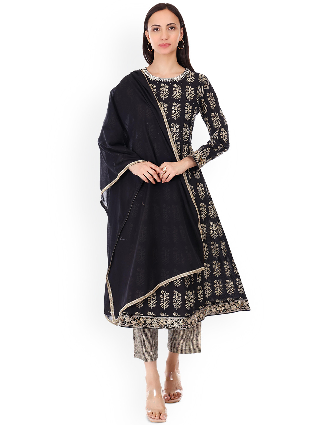 GRIVA Ethnic Motifs Printed Pure Cotton Anarkali Kurta With Trousers & Dupatta