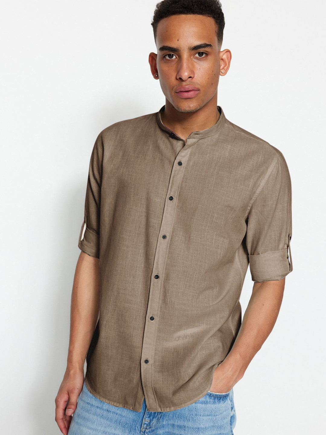Trendyol Men Band Collar Solid Cotton Casual Shirt