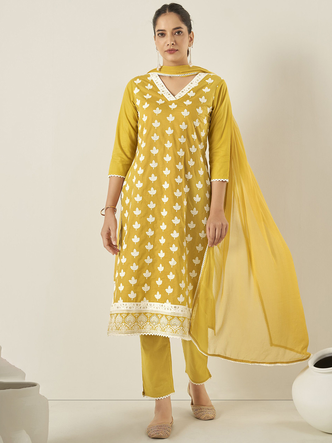 Anouk Mustard Yellow Ethnic Motifs Embroidered V-Neck Cotton Kurta with Trousers & Dupatta