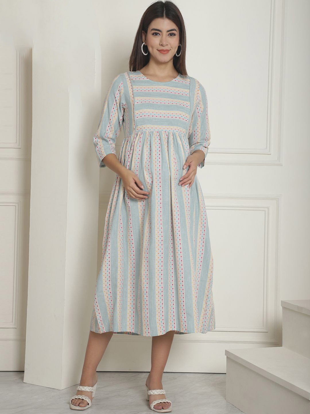 Moms Maternity Stripe Printed Khadi Handloom Organic Cotton Maternity Midi Ethnic Dress